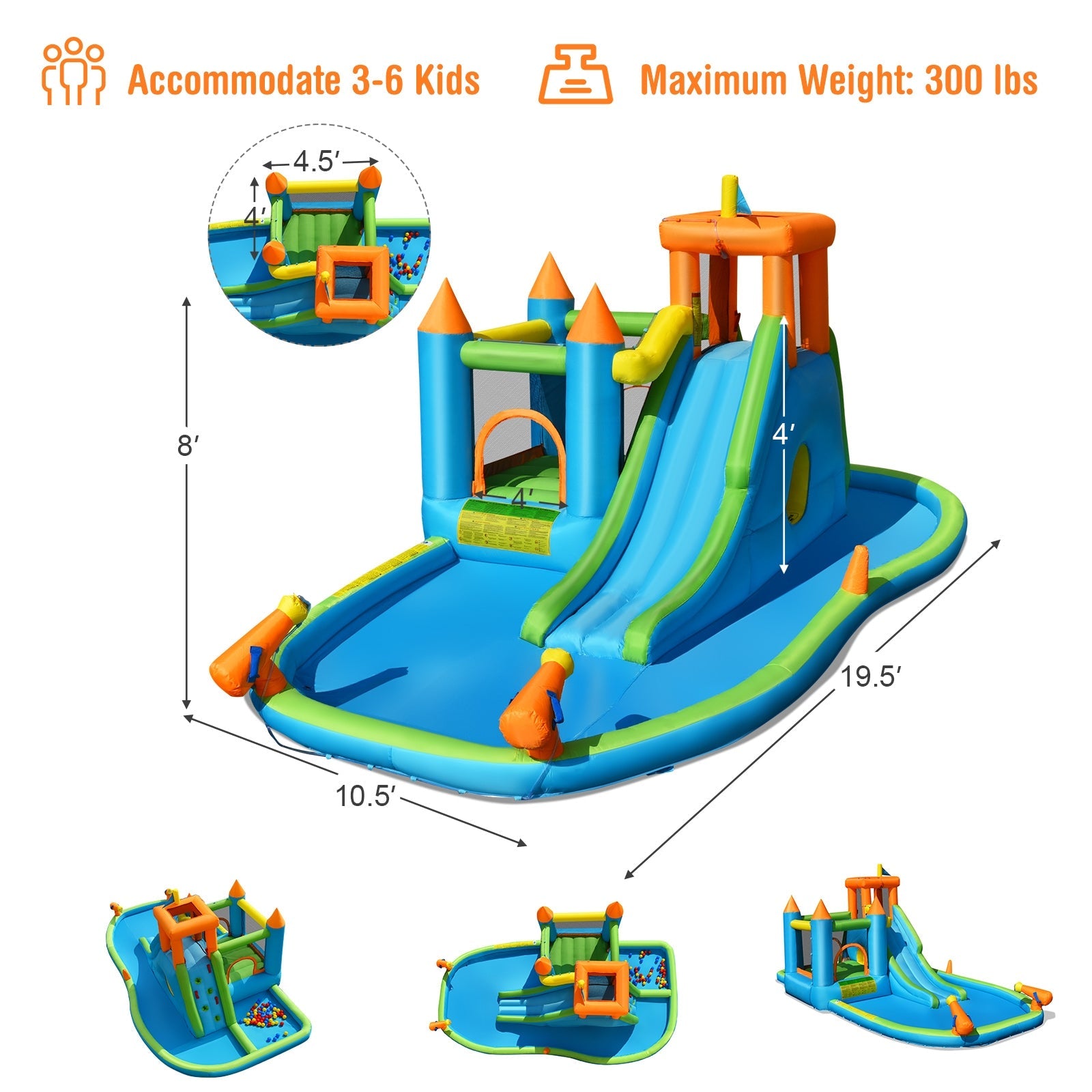 Inflatable Water Slide with Bounce House and Splash Pool without Blowe ...