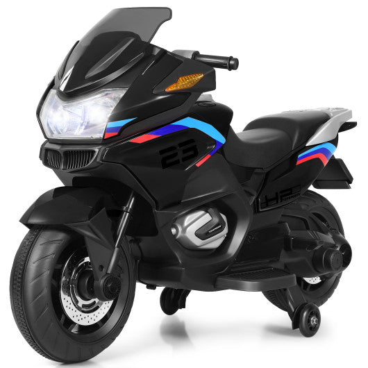 Black 12V Kids Electric Ride-On Motorcycle with Training Wheels